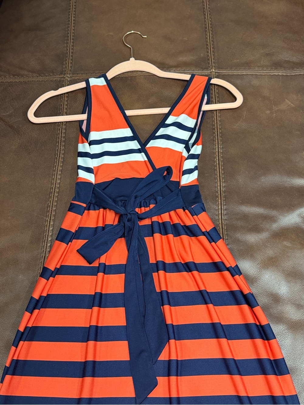 Catch my I -Striped V-Neck-back Maxi Dress w/ Tie Waist-Navy, wh. & orange #134